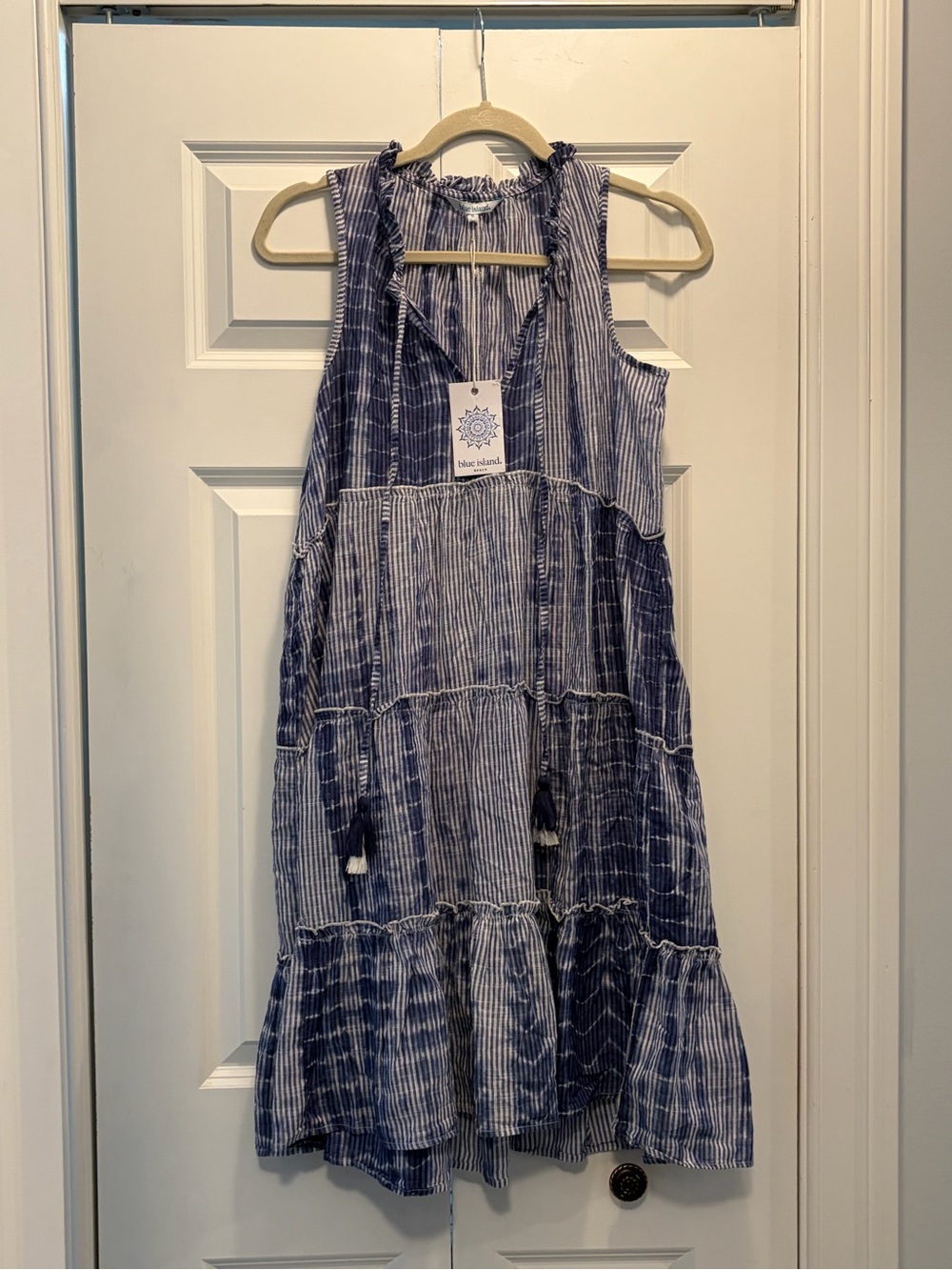 blue island Navy & White Striped Tiered Tassel Dress
